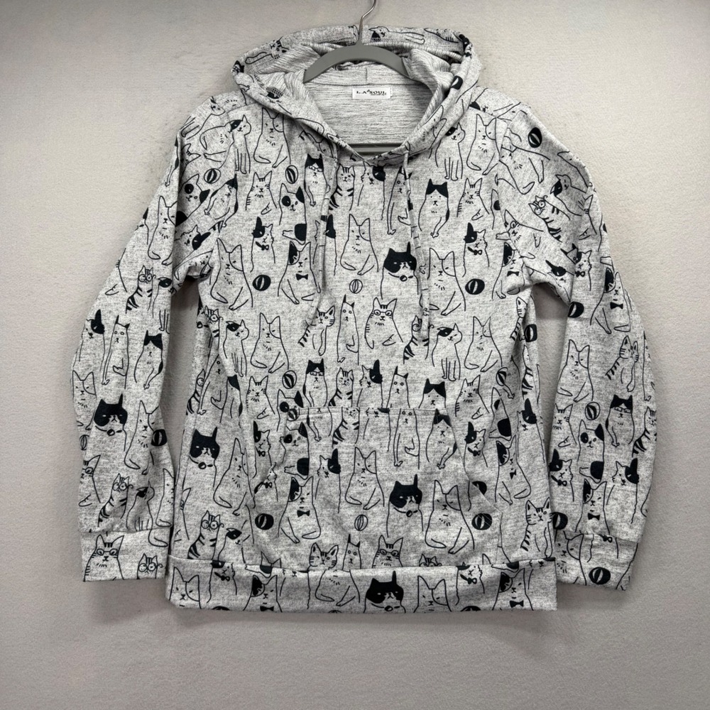 L.A. Soul Cat Print Hoodie Womens Small Grey Black Whimsical Cosmic Sweatshirt
